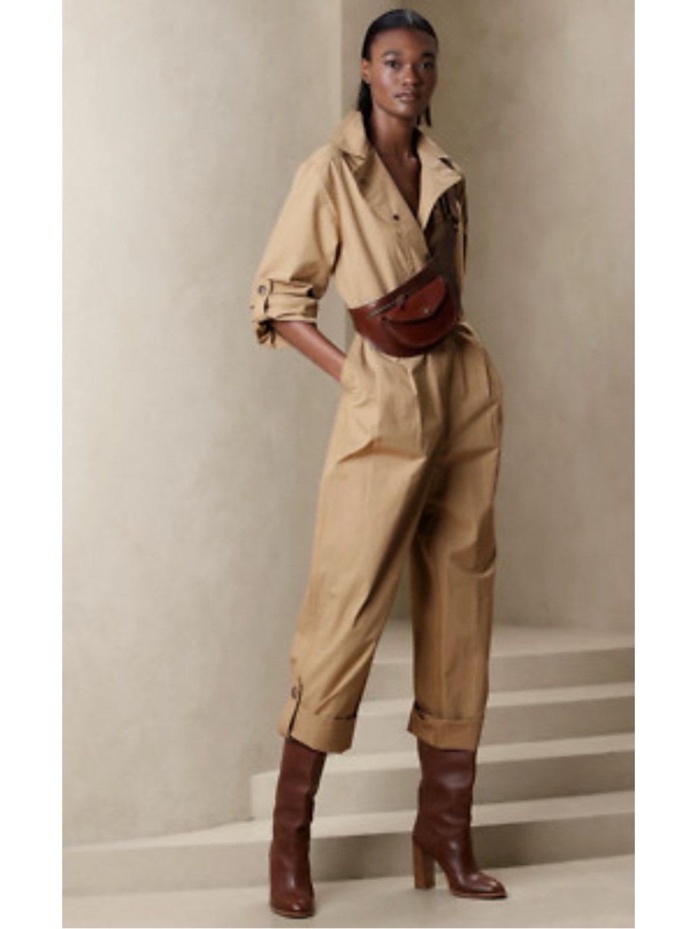 NWT Banana Republic Finley Poplin Jumpsuit in New Khaki Beige Size M - Picture 3 of 16
